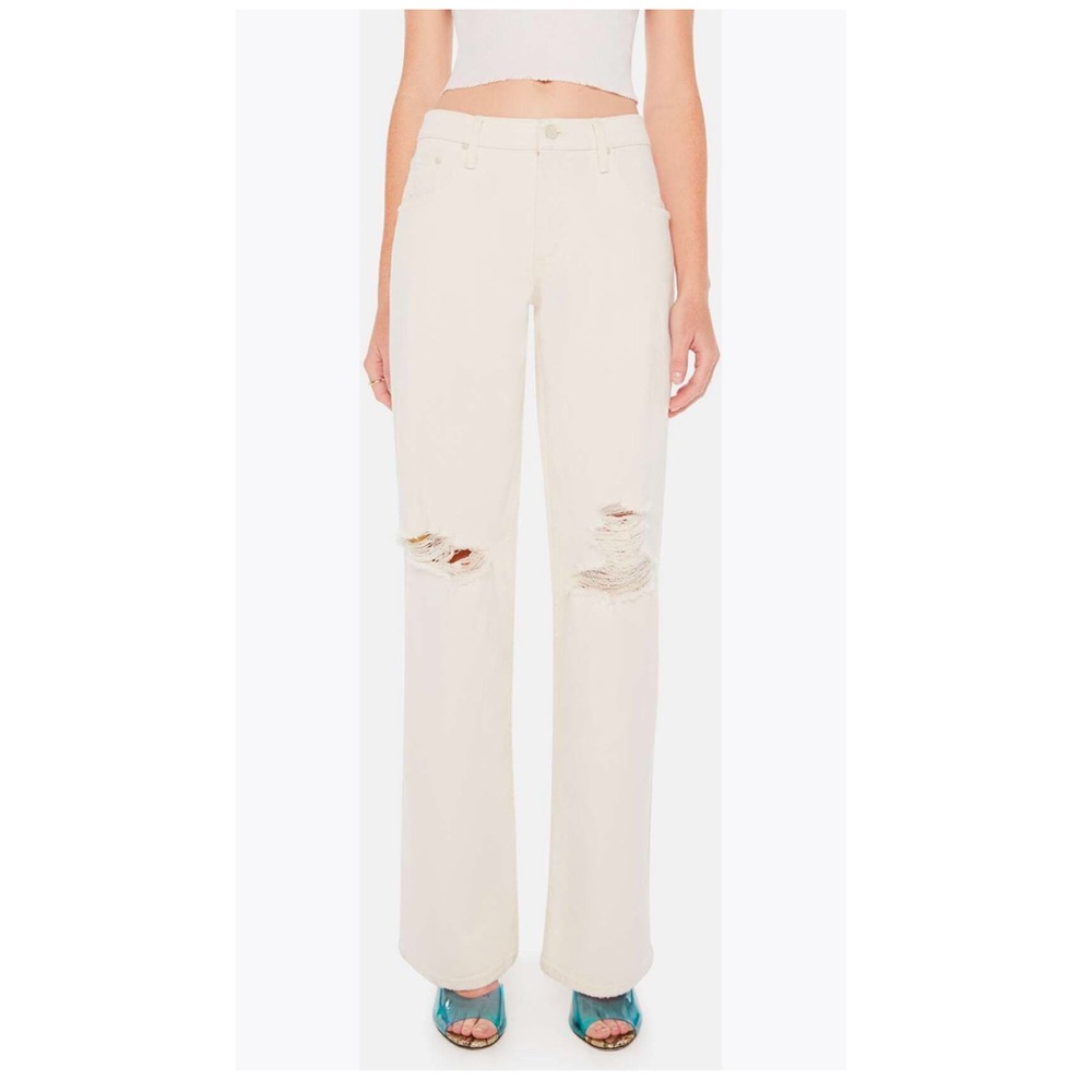 MOTHER The Down Low Spinner Heel Ripped Low Rise Wide Leg Jeans Cream Sz 30 NWT